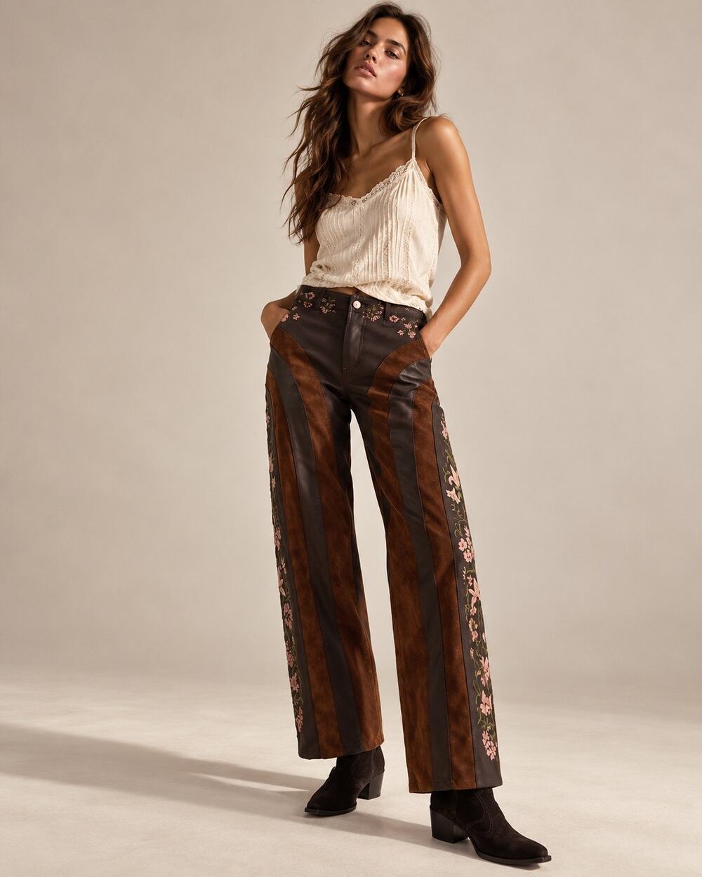 Free People Belle Embroidered Vegan Leather Pants Brown Suede Western Boho Sz 6